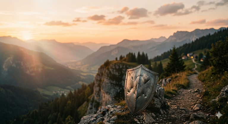 A shield standing up in front of mountains