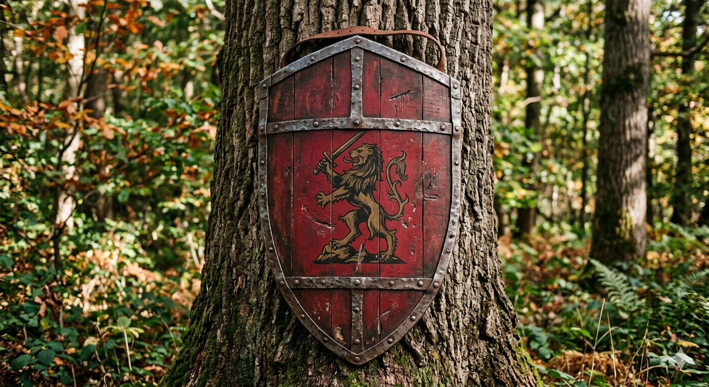 A shield hanging from a tree