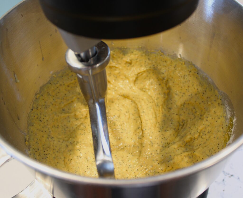 Mixing lemon poppyseed muffin mix in my stand up mixer