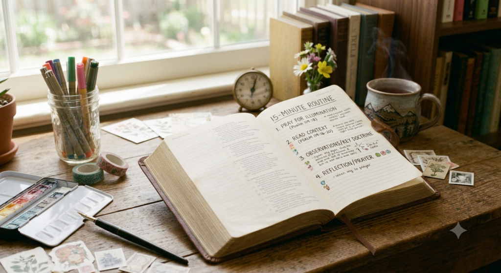 15 minute bible journaling routine written on a bible that is sitting on top of a desk.
