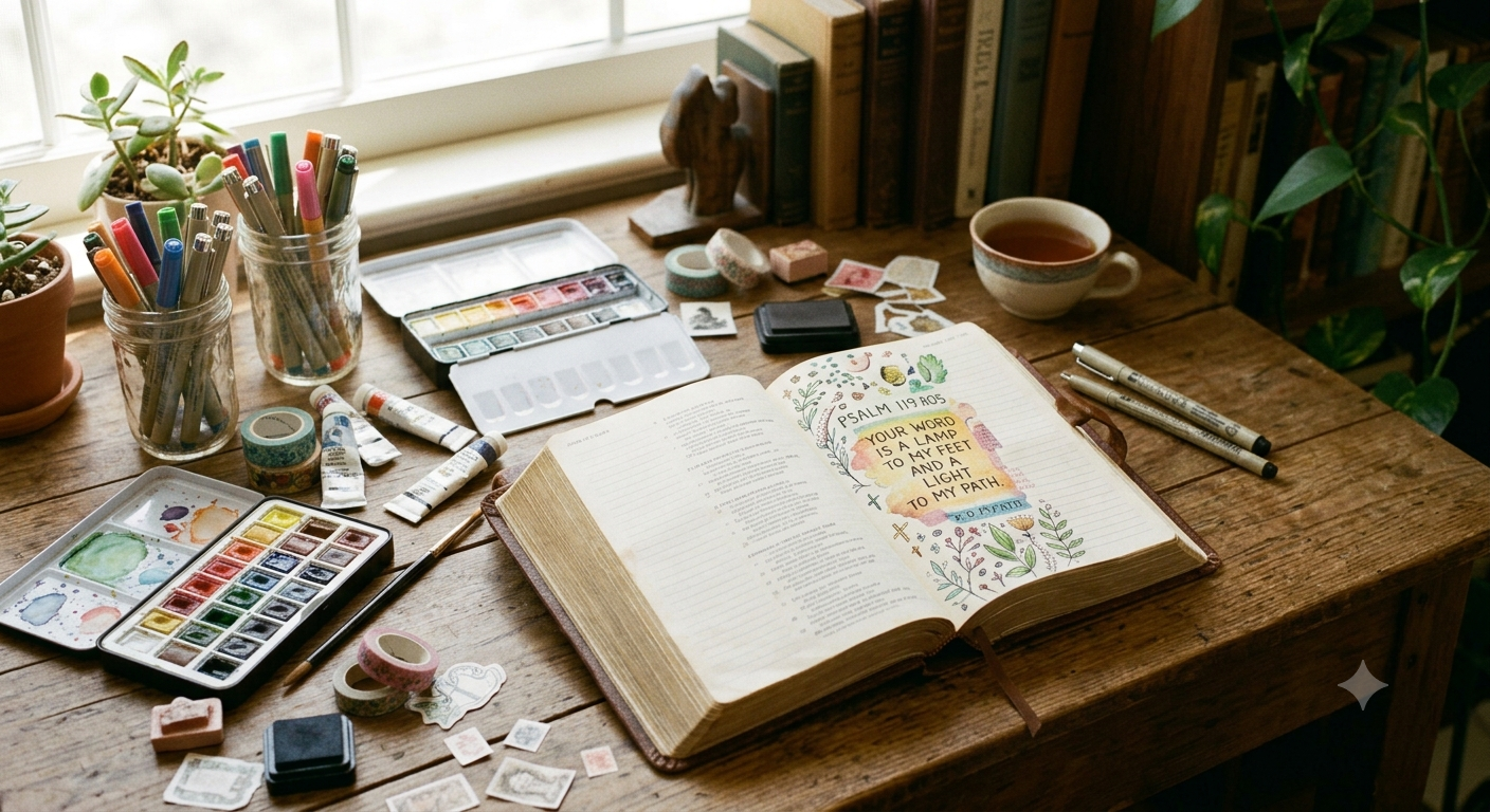 bible journaling on a table next to cup of coffee.