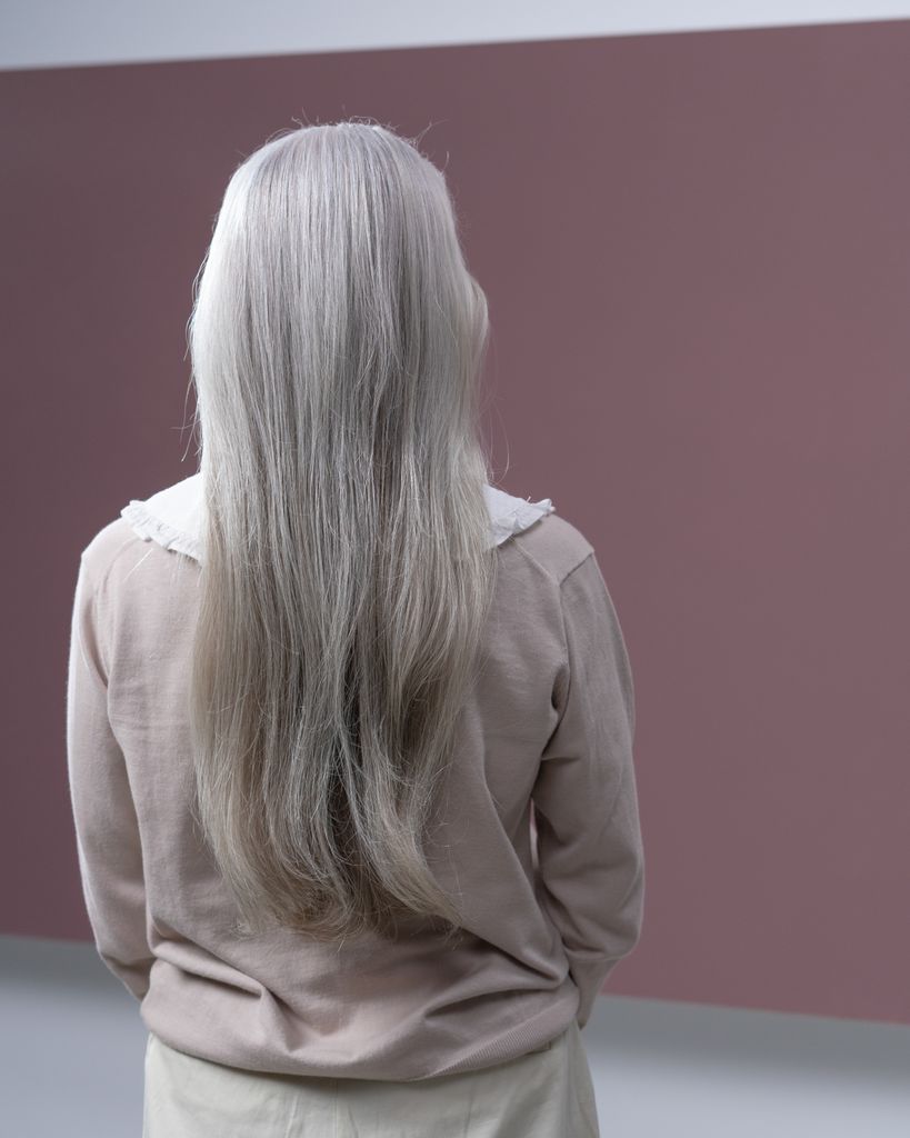A senior woman with long, elegant gray hair viewed from behind, standing indoors.